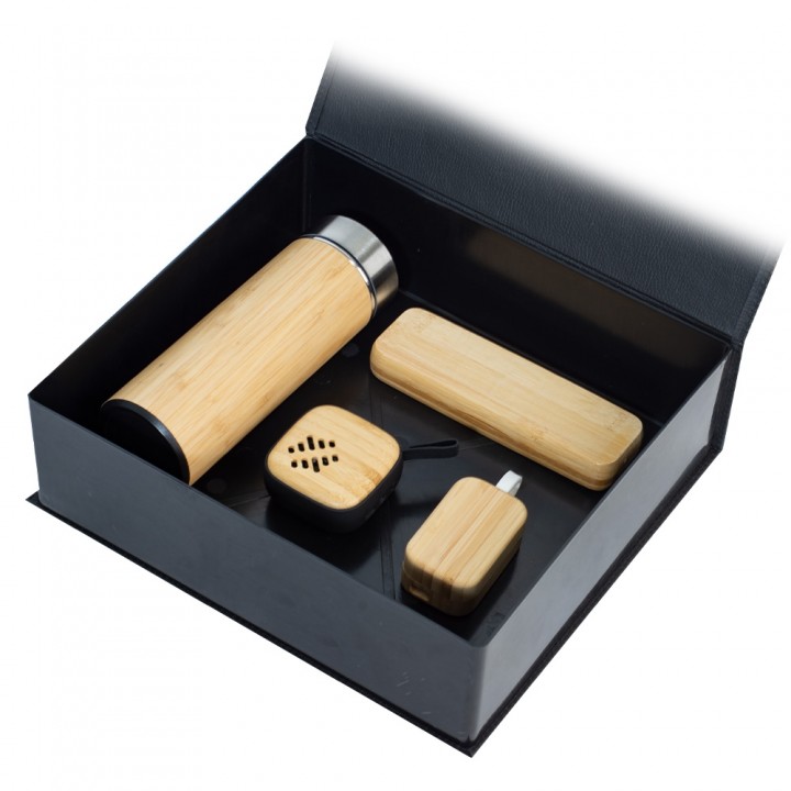 Bambu Termos Powerbank Hoparlör ve USB’li Kutulu VIP Promosyon Set